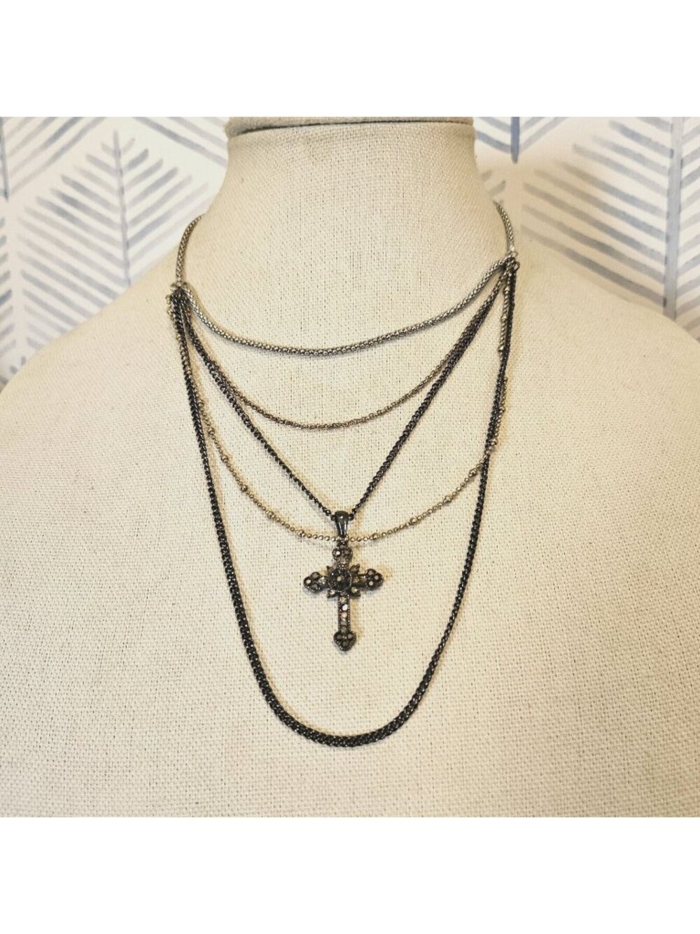 Black, Silver & Gold Layered Chain Necklace w Cross Pendant